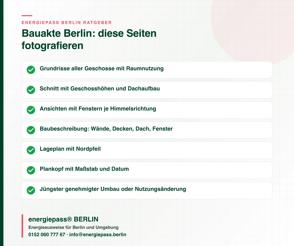 Checkliste: welche Seiten der Bauakte aus dem Berliner Bezirksamt für den Bedarfsausweis einer Gewerbeimmobilie fotografiert werden, energiepass® BERLIN