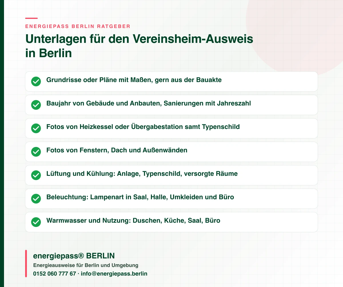 Checkliste mit den Unterlagen für den Bedarfsausweis eines Vereinsheims, einer Kita oder eines Gemeindehauses in Berlin, energiepass® BERLIN