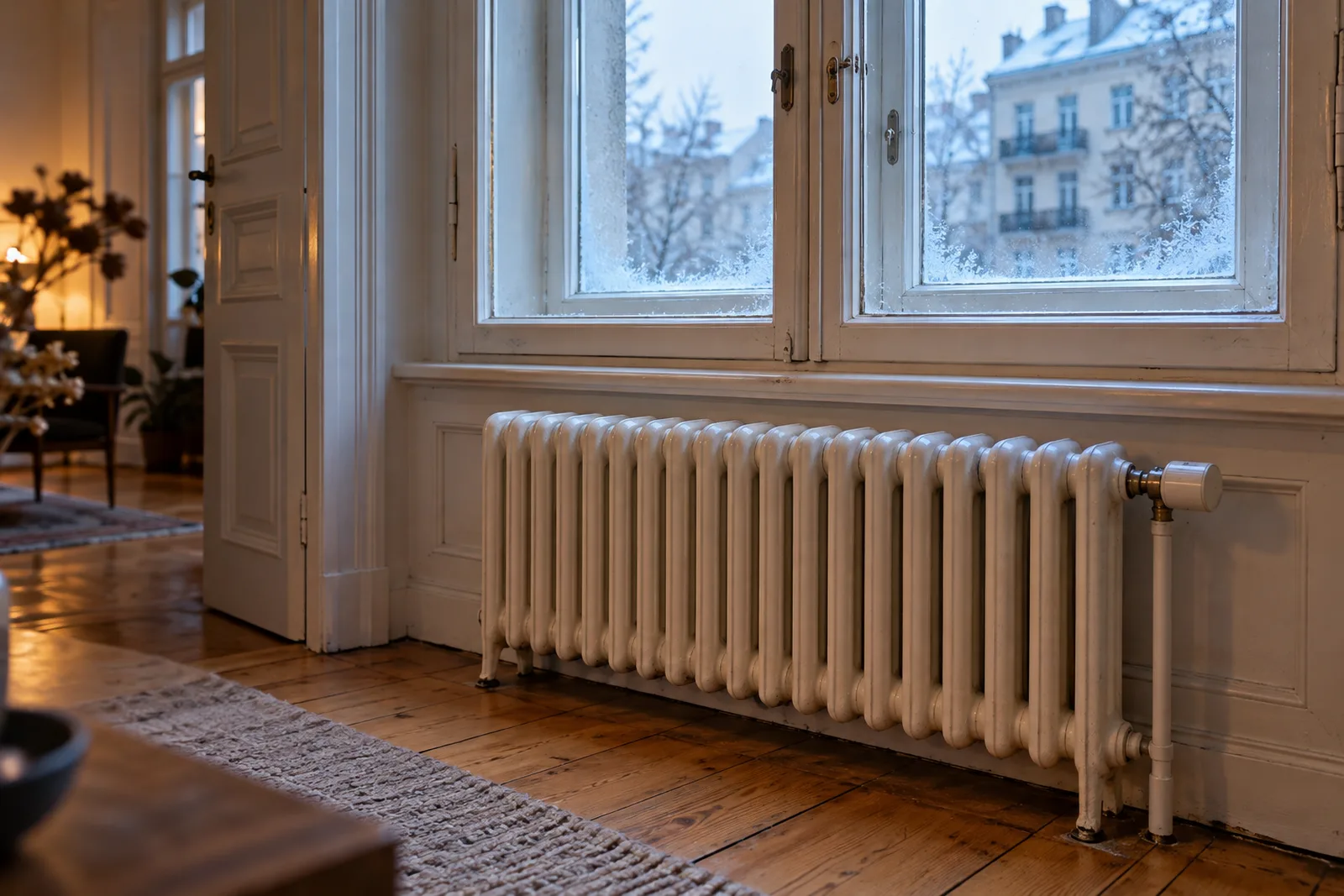 Alter Gussheizkörper unter einem Kastendoppelfenster im Berliner Altbau, Frage der Niedertemperaturfähigkeit im Energieausweis ab 2027, energiepass® BERLIN