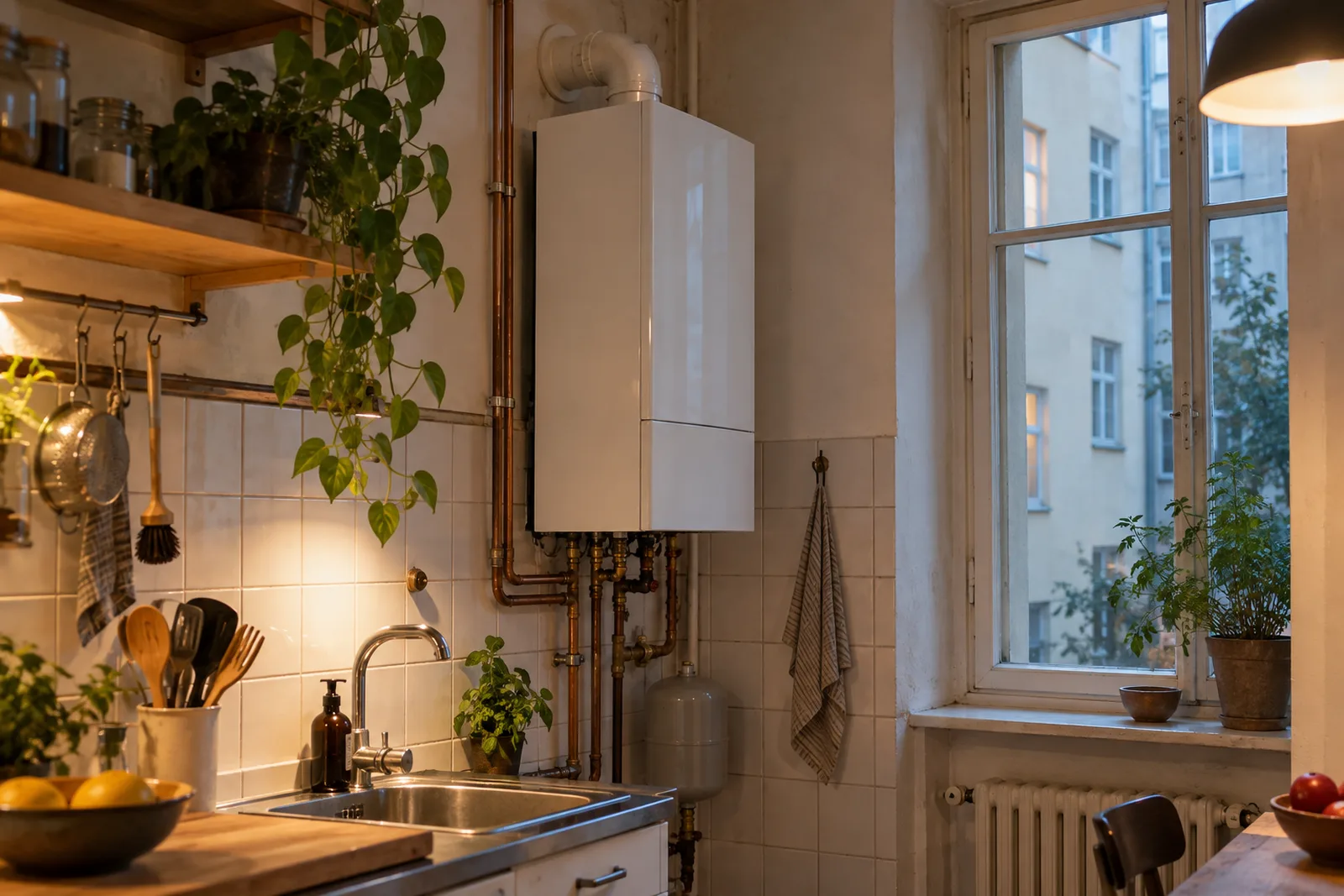 Gasetagentherme in einer Altbauküche in Neukölln, Restlebensdauer der Heizung als neue Pflichtangabe im Energieausweis, energiepass® BERLIN